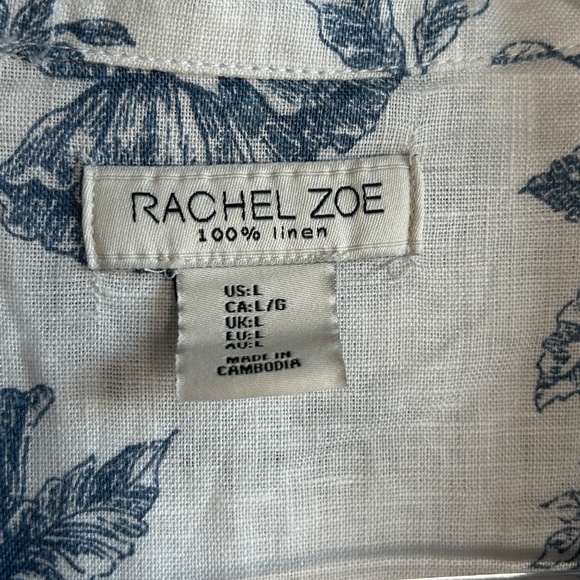 Rachel Zoe size L long sleeve button up shirt 100% linen white blue floral - Picture 11 of 12